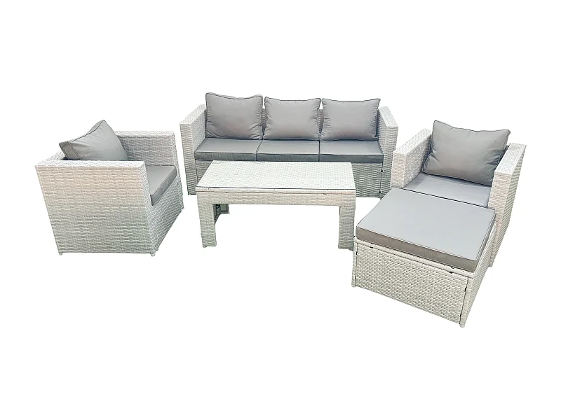 Salon de jardin 5 Pièces Canapé de jardin Table basse oblongue avec 2 Chaises Stool Gris clair mixte