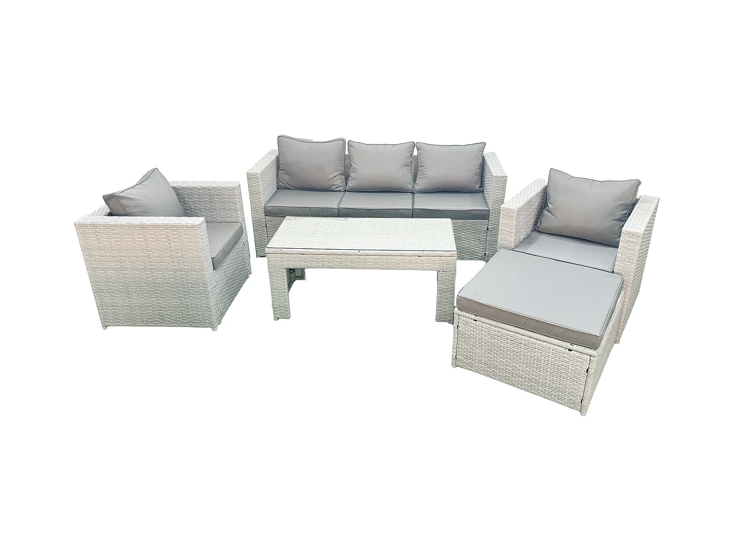 Polyrattan Gartenmöbel Set 5 Stücke Outdoor Garten Sofa Rechteckiger Couchtisch Set mit 2 Sesseln Hocker Hellgrau gemischt