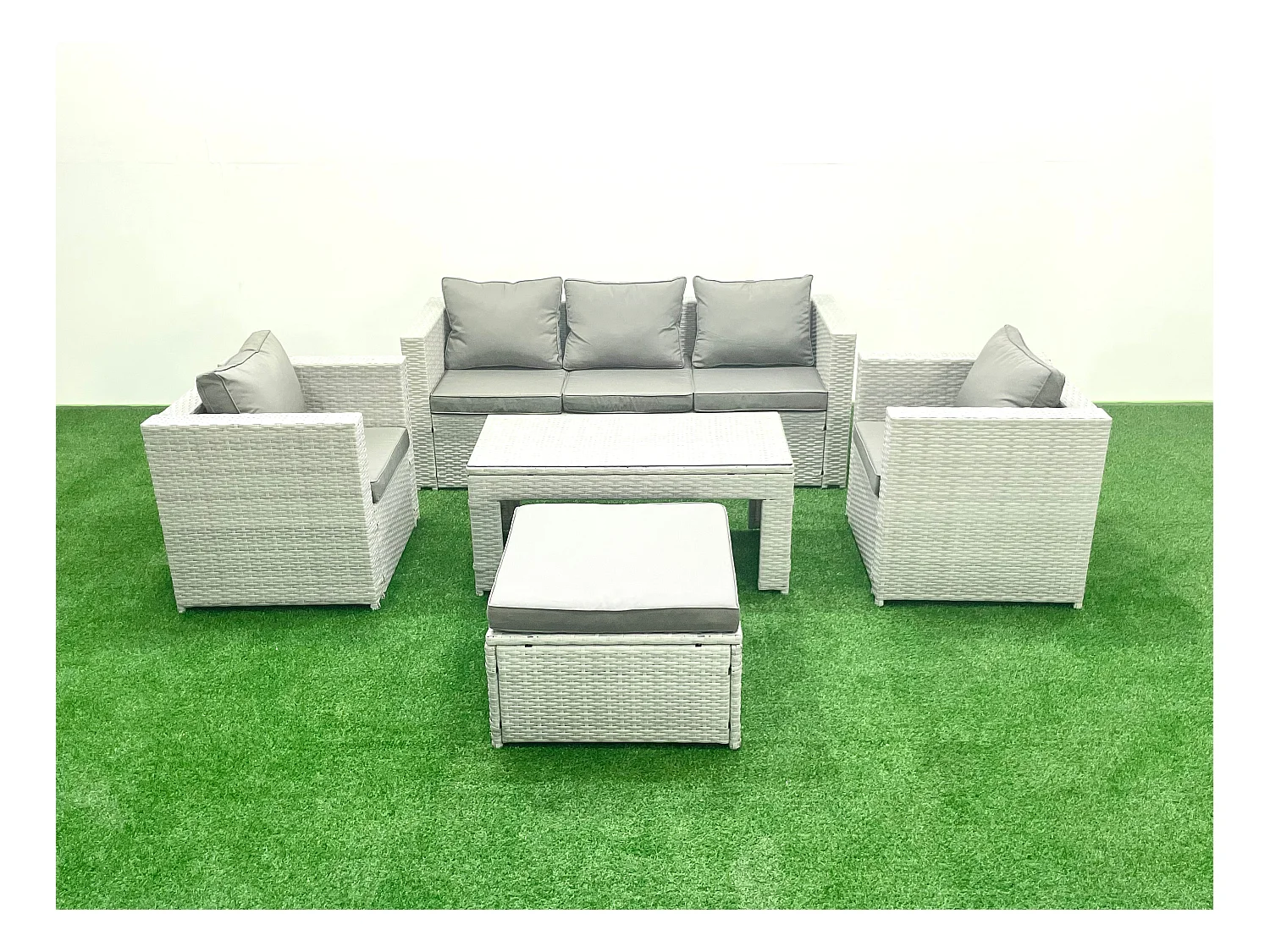 Polyrattan Gartenmöbel Set 5 Stücke Outdoor Garten Sofa Rechteckiger Couchtisch Set mit 2 Sesseln Hocker Hellgrau gemischt