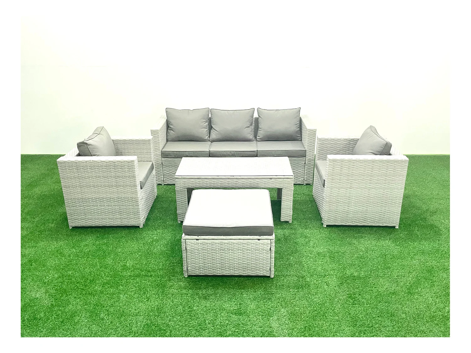 Polyrattan Gartenmöbel Set 5 Stücke Outdoor Garten Sofa Rechteckiger Couchtisch Set mit 2 Sesseln Hocker Hellgrau gemischt