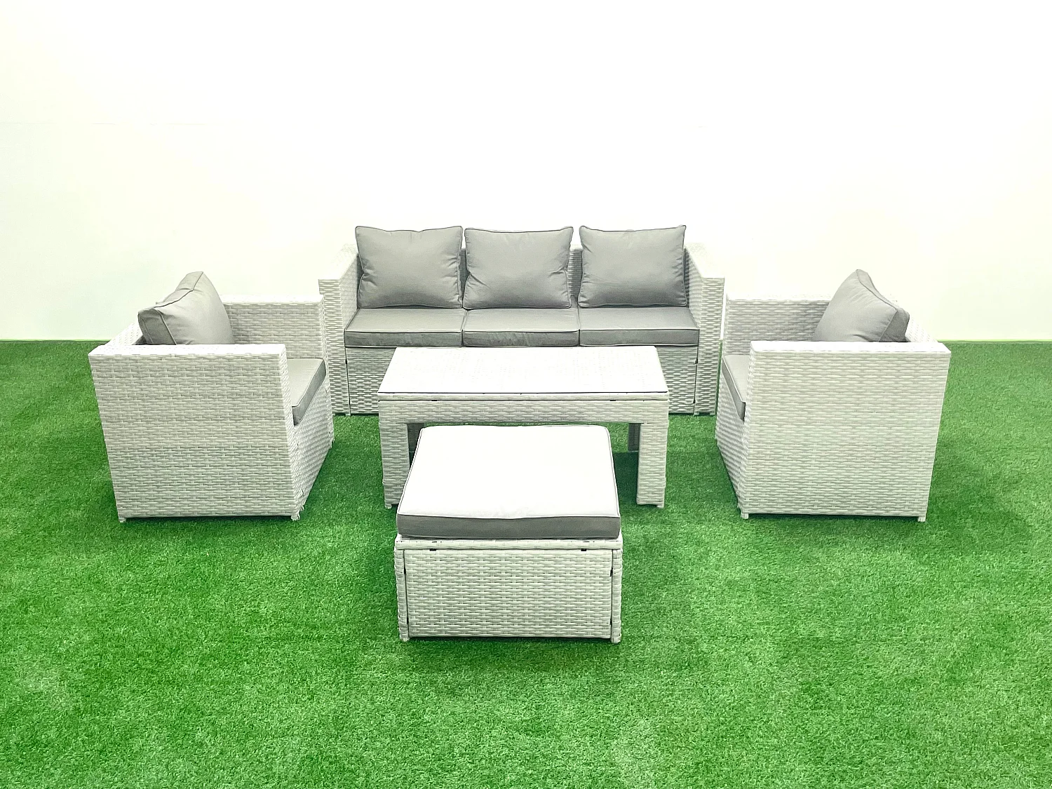 Salon de jardin 5 Pièces Canapé de jardin Table basse oblongue avec 2 Chaises Stool Gris clair mixte