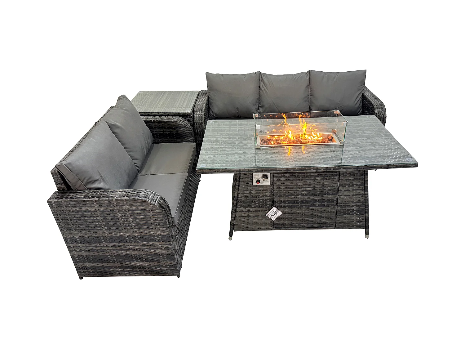 Polyrattan Gartenmöbel Set mit Gasfeuerstelle Esstisch,Beistelltisch 4 Stücke Garten Sofa im Freien Set Dunkelgrau Gemischt