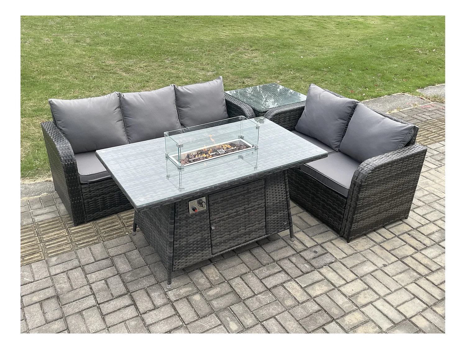 Polyrattan Gartenmöbel Set mit Gasfeuerstelle Esstisch,Beistelltisch 4 Stücke Garten Sofa im Freien Set Dunkelgrau Gemischt