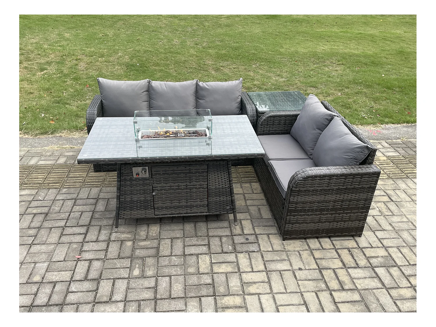 Polyrattan Gartenmöbel Set mit Gasfeuerstelle Esstisch,Beistelltisch 4 Stücke Garten Sofa im Freien Set Dunkelgrau Gemischt