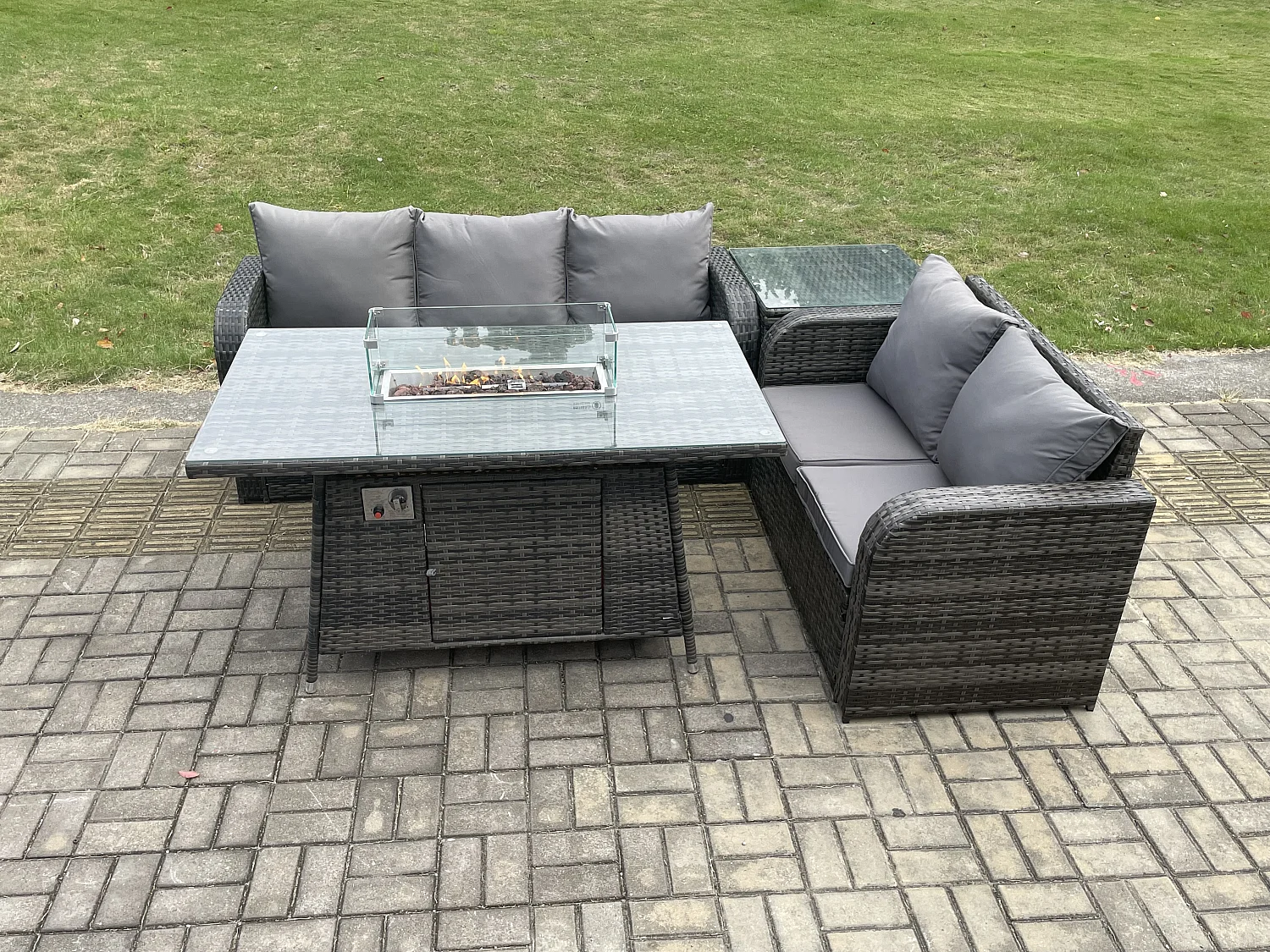 Salon de jardin avec Table de foyer à gaz,Table d'appoint 4 Pièces Ensemble de canapés en rotin Gris foncé mixte