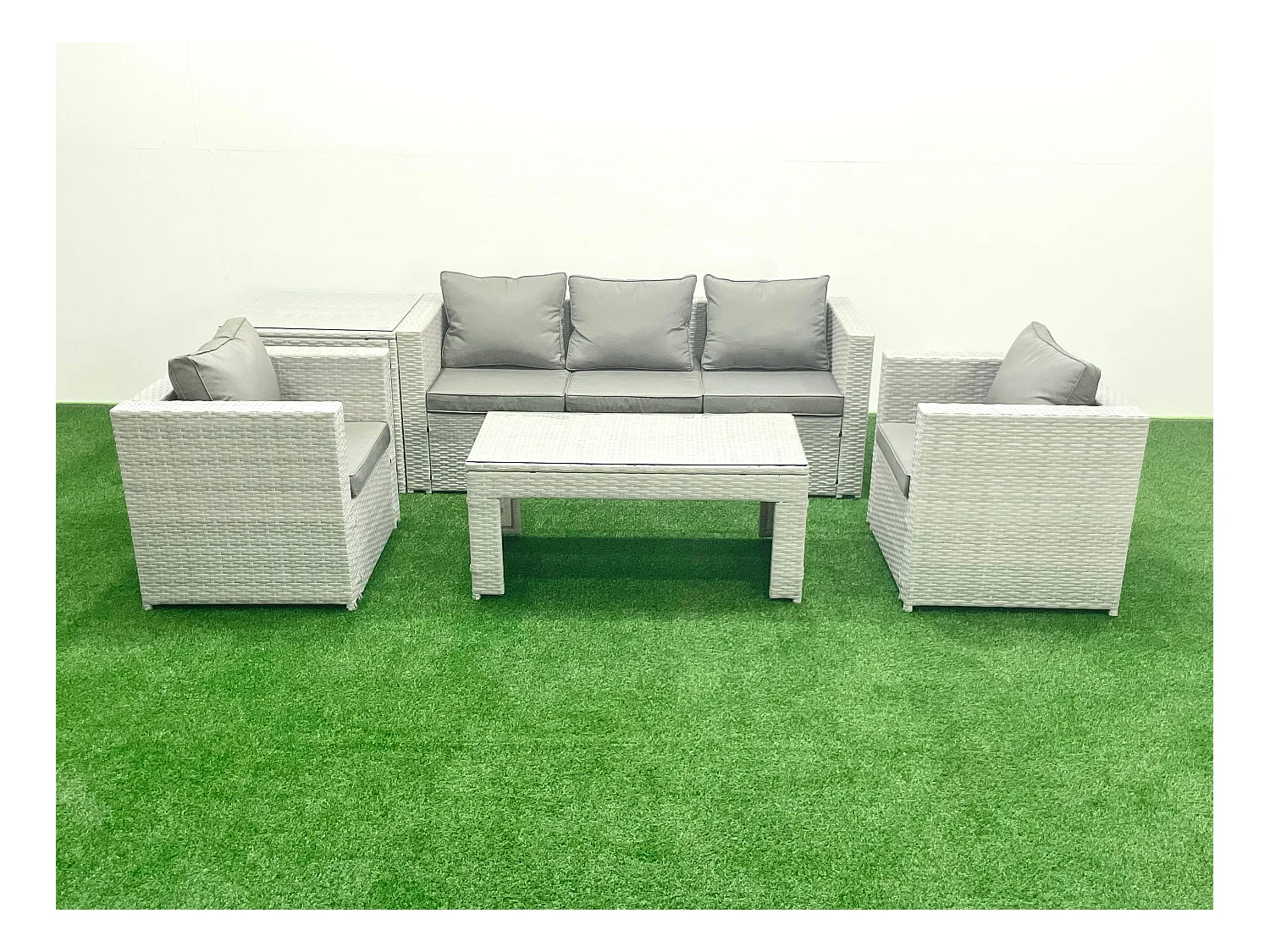 Salon de jardin 5 Pièces Canapé de jardin Table basse oblongue avec 2 Chaises Side Tabe Gris clair mixte