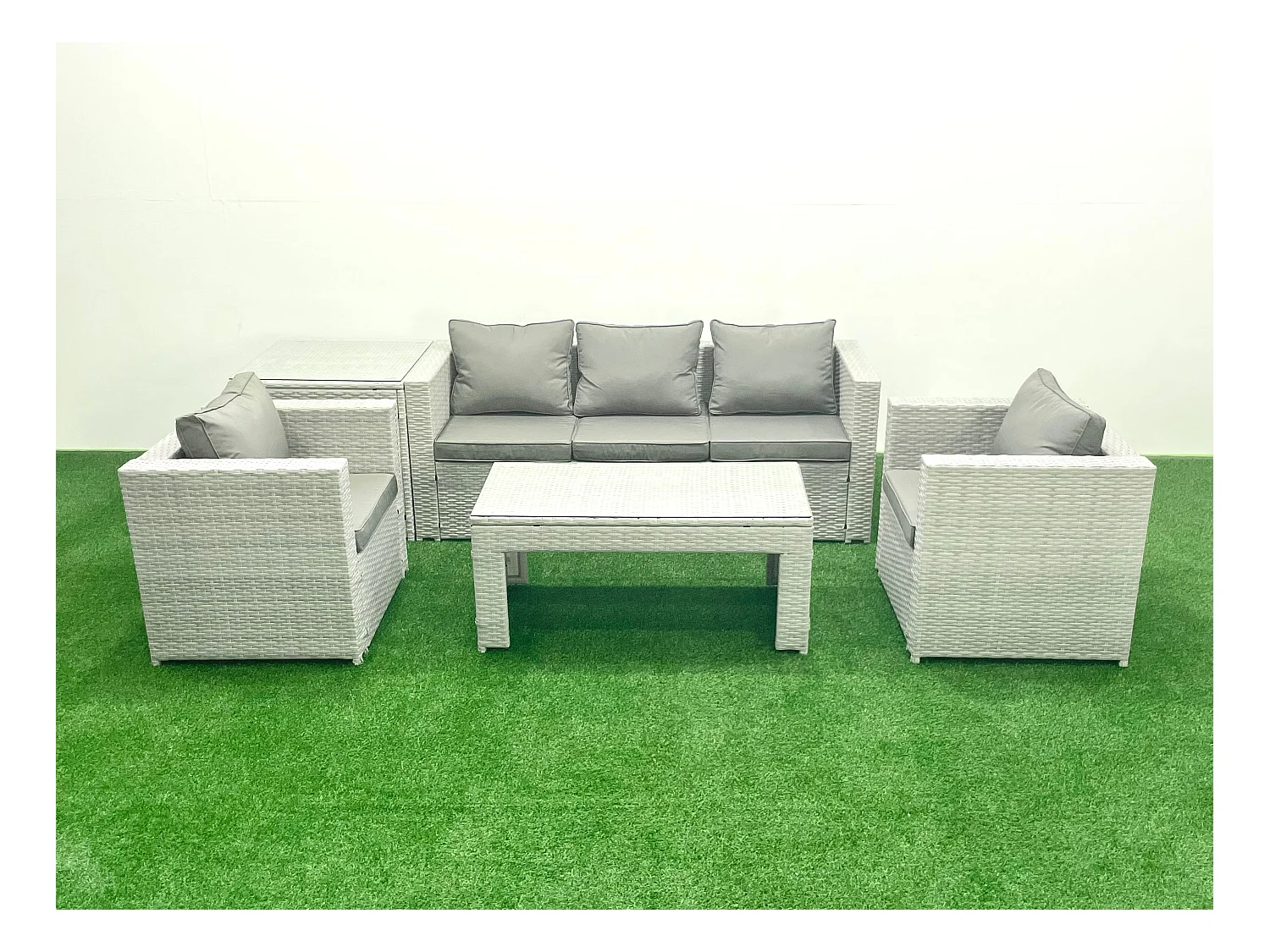 Salon de jardin 5 Pièces Canapé de jardin Table basse oblongue avec 2 Chaises Side Tabe Gris clair mixte