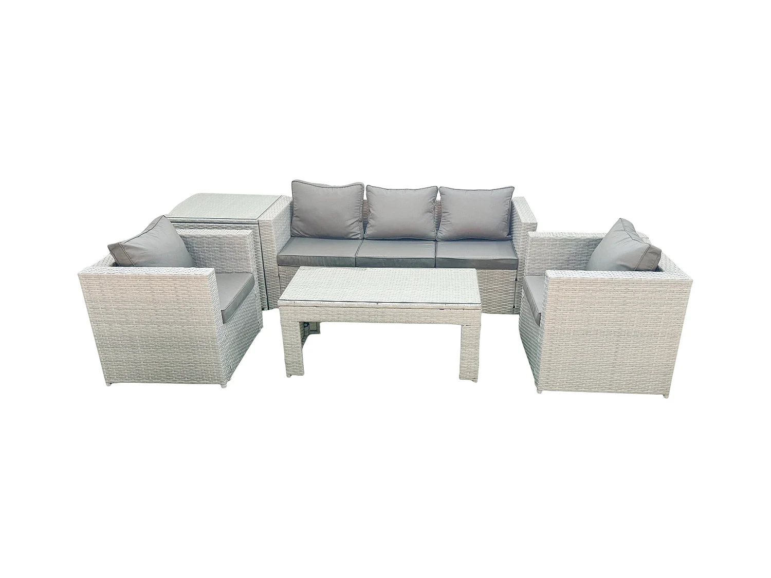 Polyrattan Gartenmöbel Set 5 Stücke Outdoor Garten Sofa Rechteckiger Couchtisch Set mit 2 Sesseln Beistelltisch Hellgrau gemischt