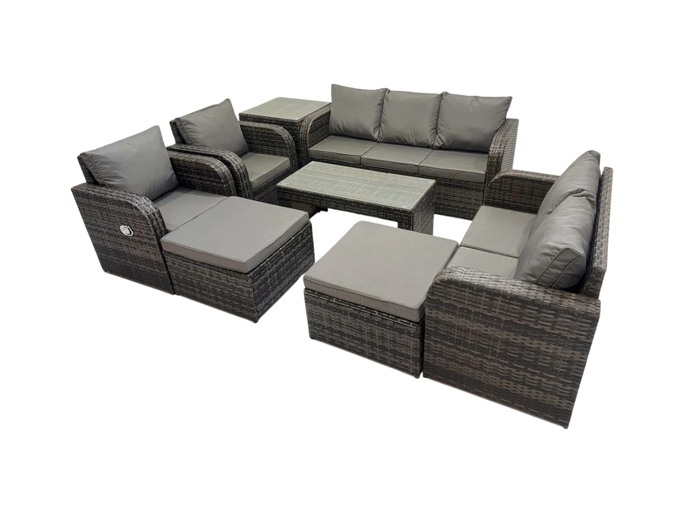 9 places Salon de jardin exterieur Ensemble de canapés en rotin avec Table basse rectangulaire Table d'appoint 2 Grand tabourets Gris foncé mixte