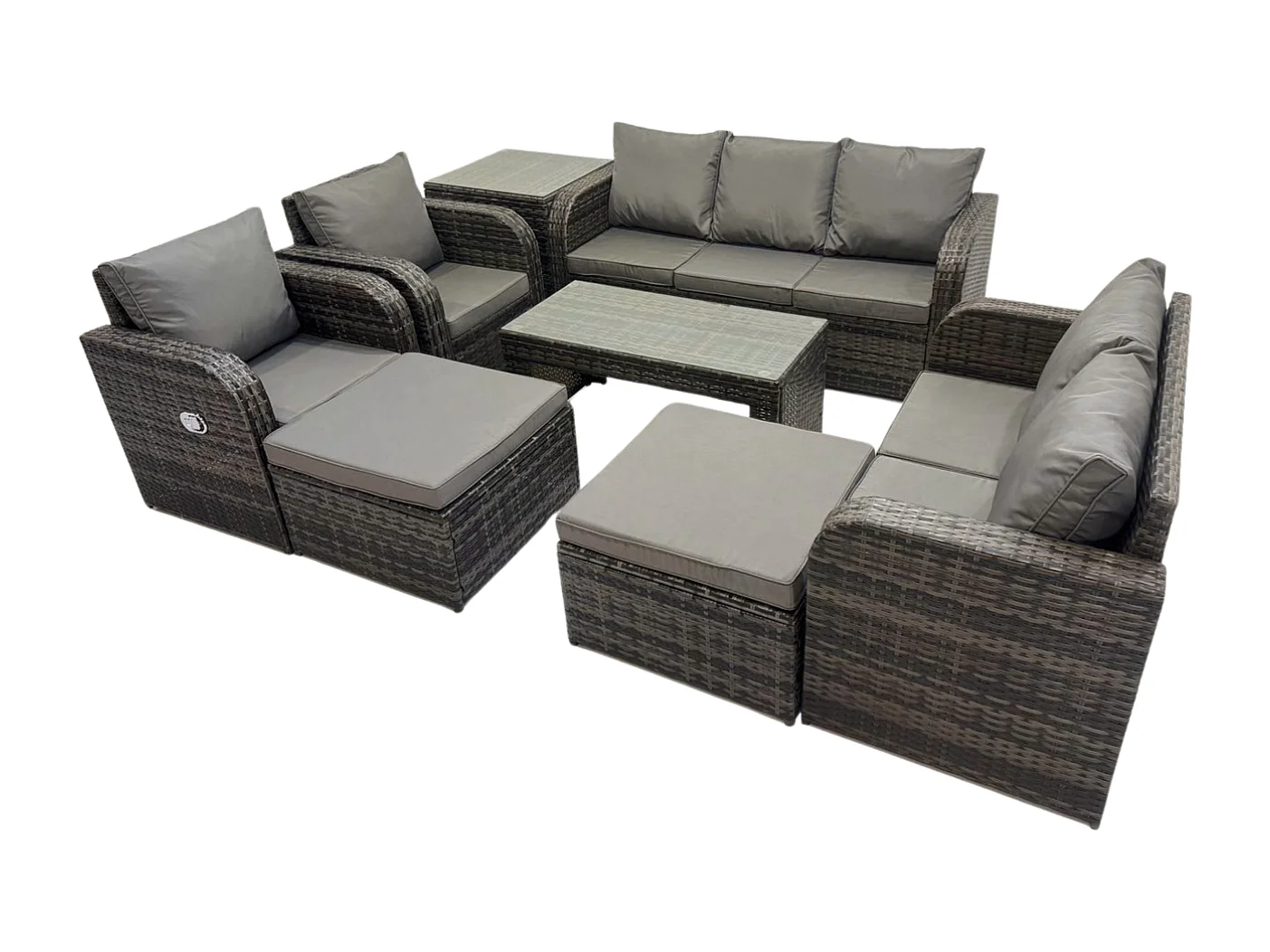9-Sitzer Polyrattan Gartenmöbelset Rattan Lounge Sofa Set mit Rechteckiger Couchtisch Beistelltisch 2 hohen Hockern Dunkelgrau Gemischt