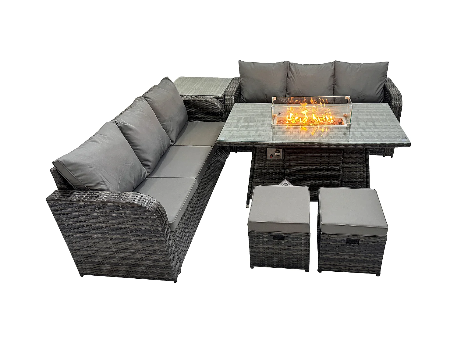 Polyrattan Gartenmöbel Set mit Gasfeuerstelle Esstisch 8-Sitzer Dunkelgrau Gemischt