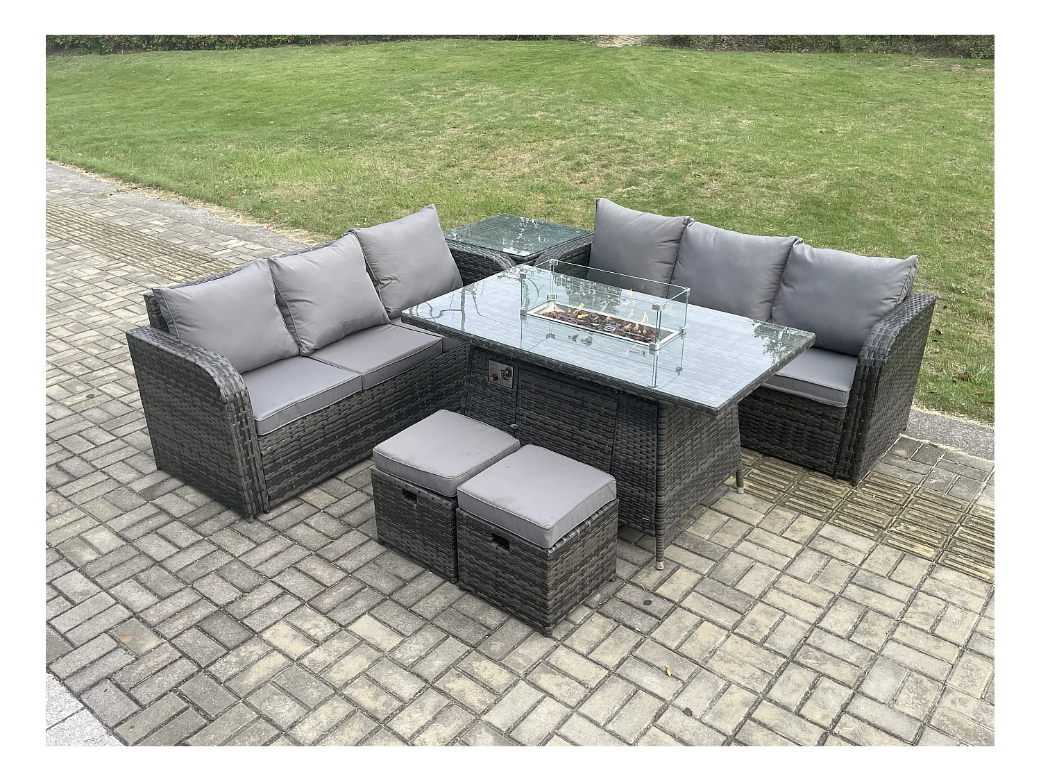 Polyrattan Gartenmöbel Set mit Gasfeuerstelle Esstisch 8-Sitzer Dunkelgrau Gemischt