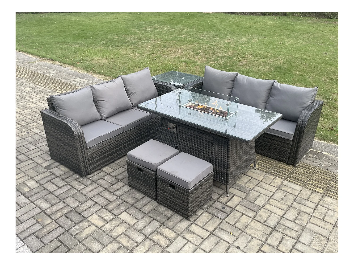 Polyrattan Gartenmöbel Set mit Gasfeuerstelle Esstisch 8-Sitzer Dunkelgrau Gemischt