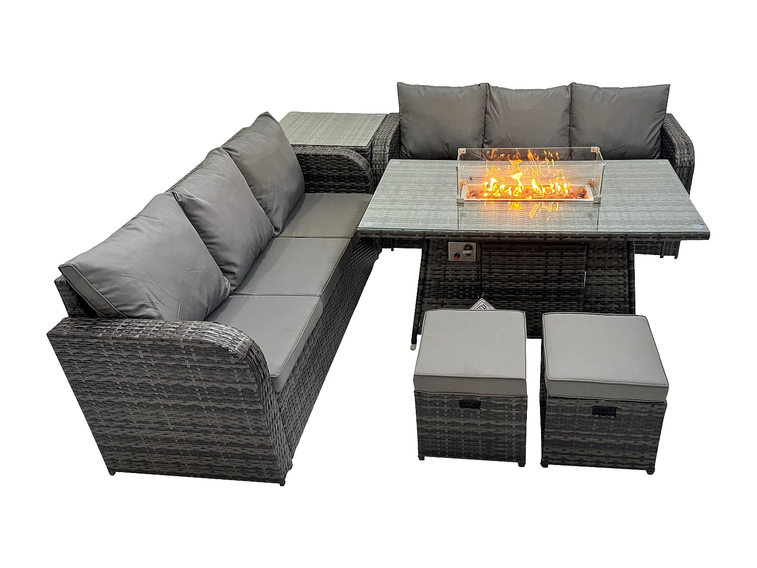 Polyrattan Gartenmöbel Set mit Gasfeuerstelle Esstisch 8-Sitzer Dunkelgrau Gemischt