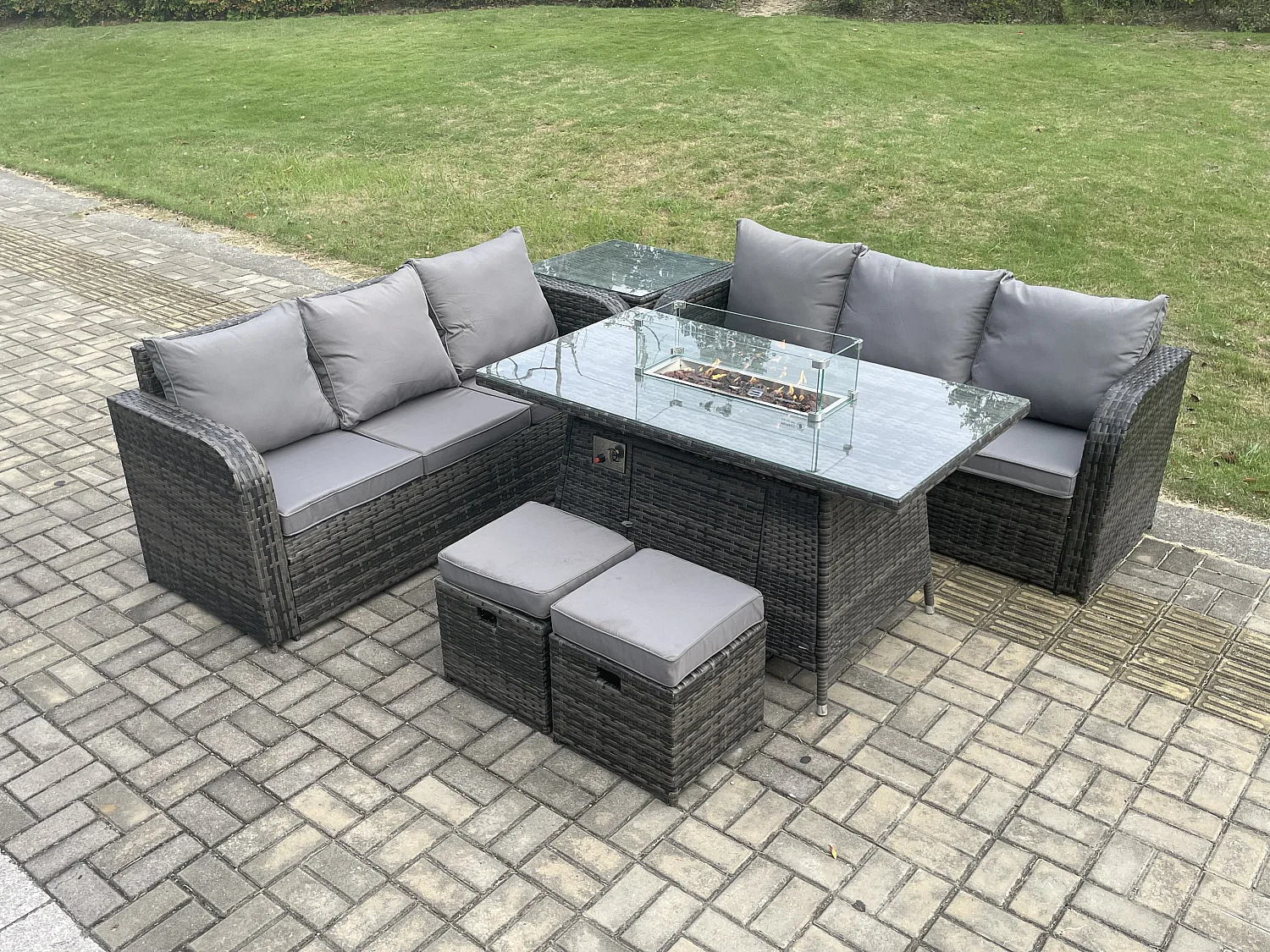 Polyrattan Gartenmöbel Set mit Gasfeuerstelle Esstisch 8-Sitzer Dunkelgrau Gemischt