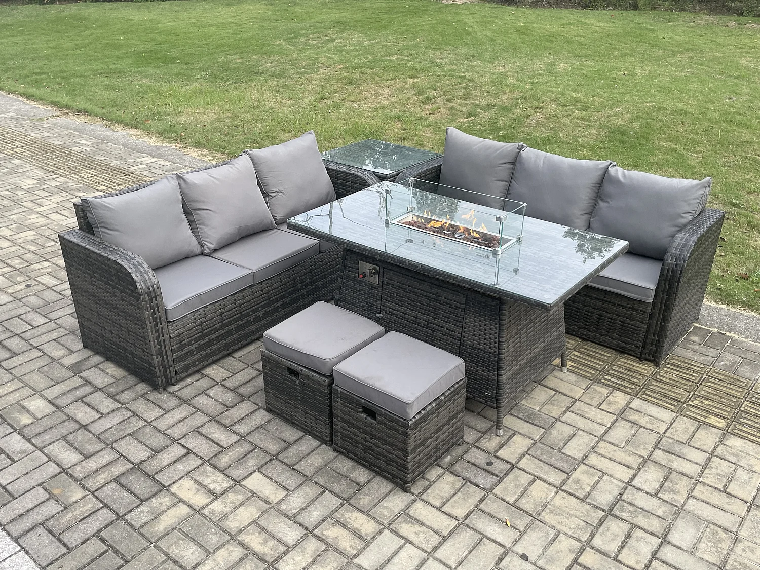Polyrattan Gartenmöbel Set mit Gasfeuerstelle Esstisch 8-Sitzer Dunkelgrau Gemischt