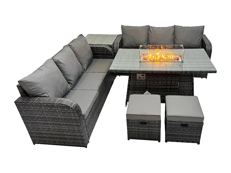 Polyrattan Gartenmöbel Set mit Gasfeuerstelle Esstisch 8-Sitzer Dunkelgrau Gemischt