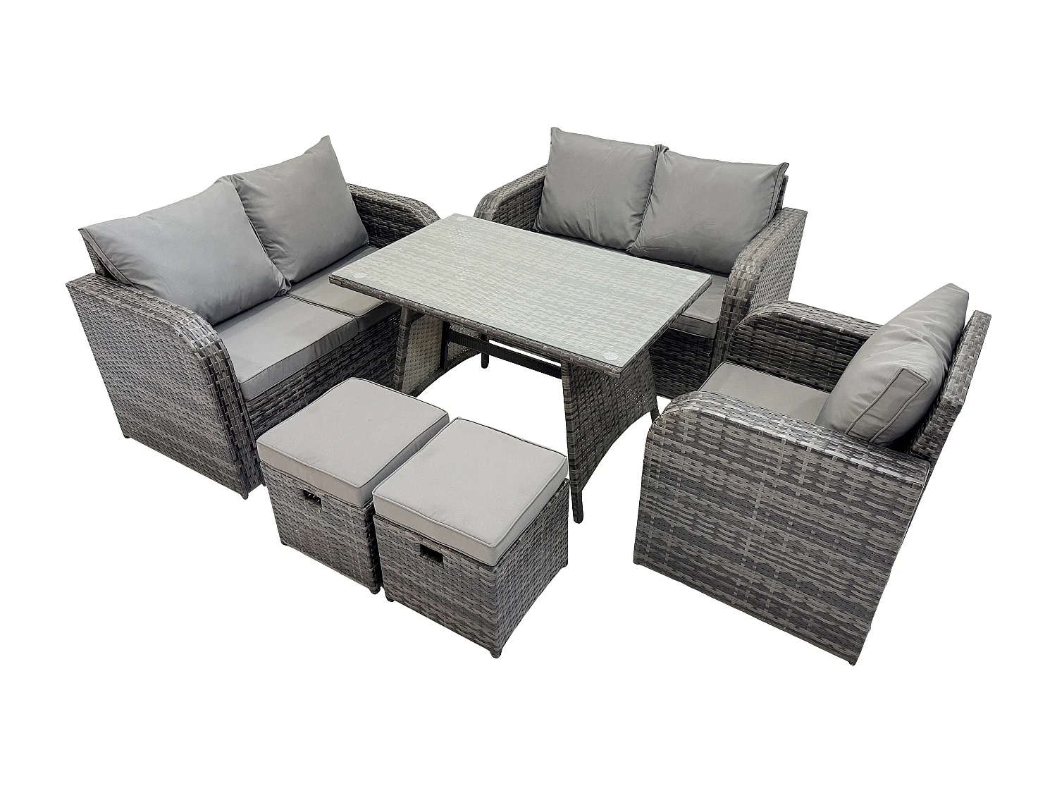 6 Stücke Polyrattan Gartenmöbel Set mit Esstisch Sesseln Love Sofa 2 kleine Fußhockern Dunkelgrau Gemischt