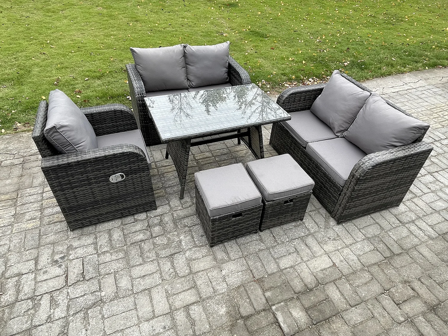 6 Stücke Polyrattan Gartenmöbel Set mit Esstisch Sesseln Love Sofa 2 kleine Fußhockern Dunkelgrau Gemischt