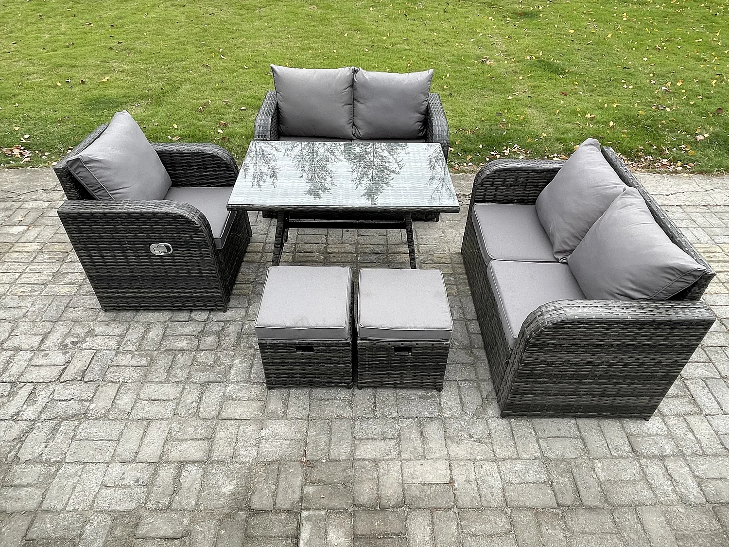 6 Stücke Polyrattan Gartenmöbel Set mit Esstisch Sesseln Love Sofa 2 kleine Fußhockern Dunkelgrau Gemischt