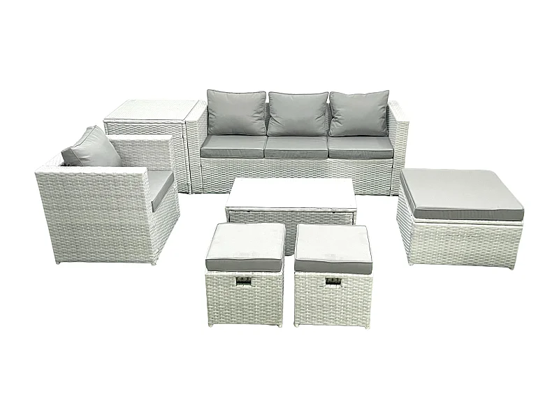 7 Pièces Salon de jardin Canapé de jardin avec Fauteuil Table basse Table d'appoint 3 Tabourets Gris clair mixte