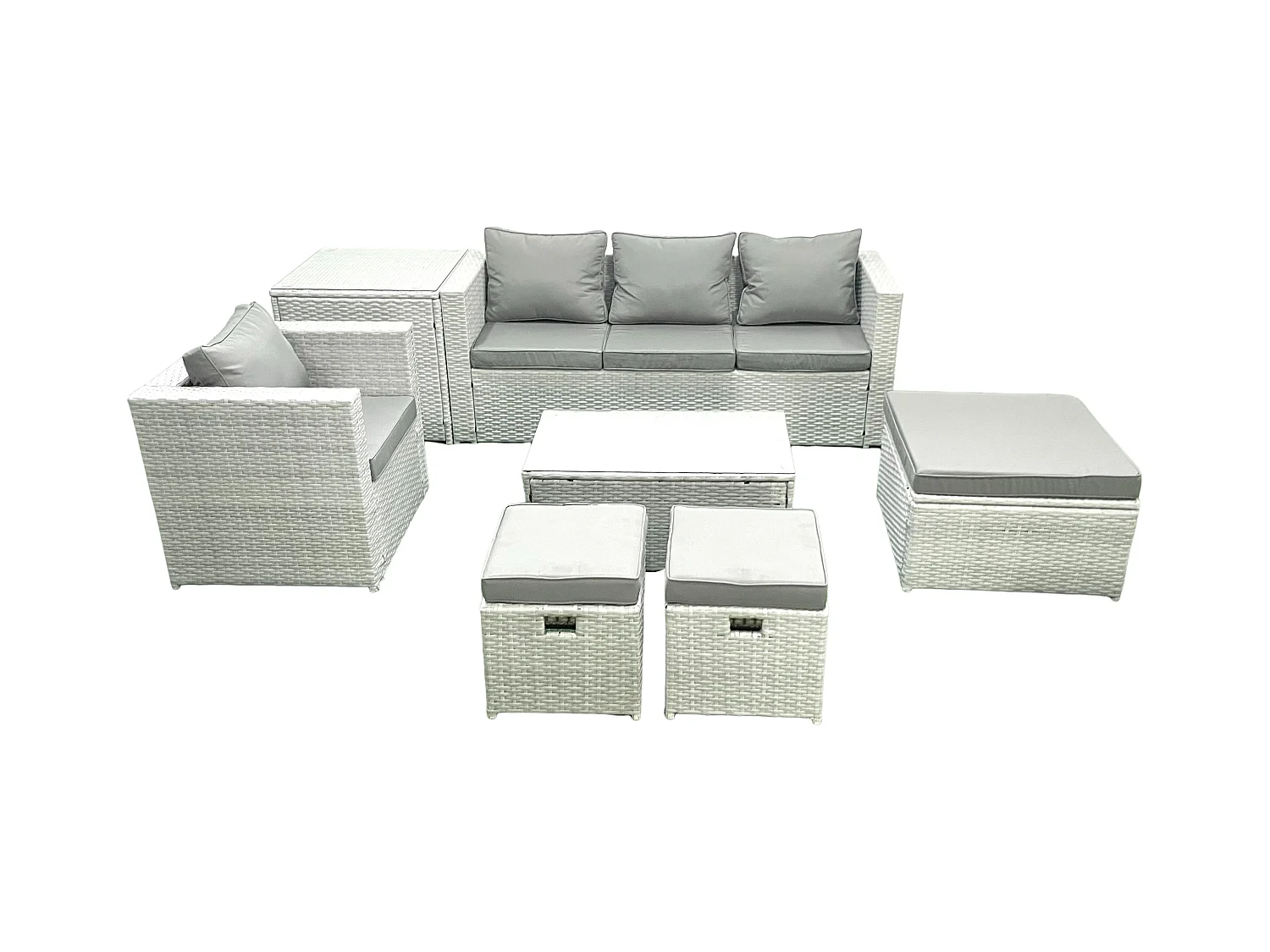 7 Stücke Rattan Gartenmöbel Set Garten Sofa Stuhl Couchtisch Set mit Beistelltisch 3 Hockern Hellgrau gemischt