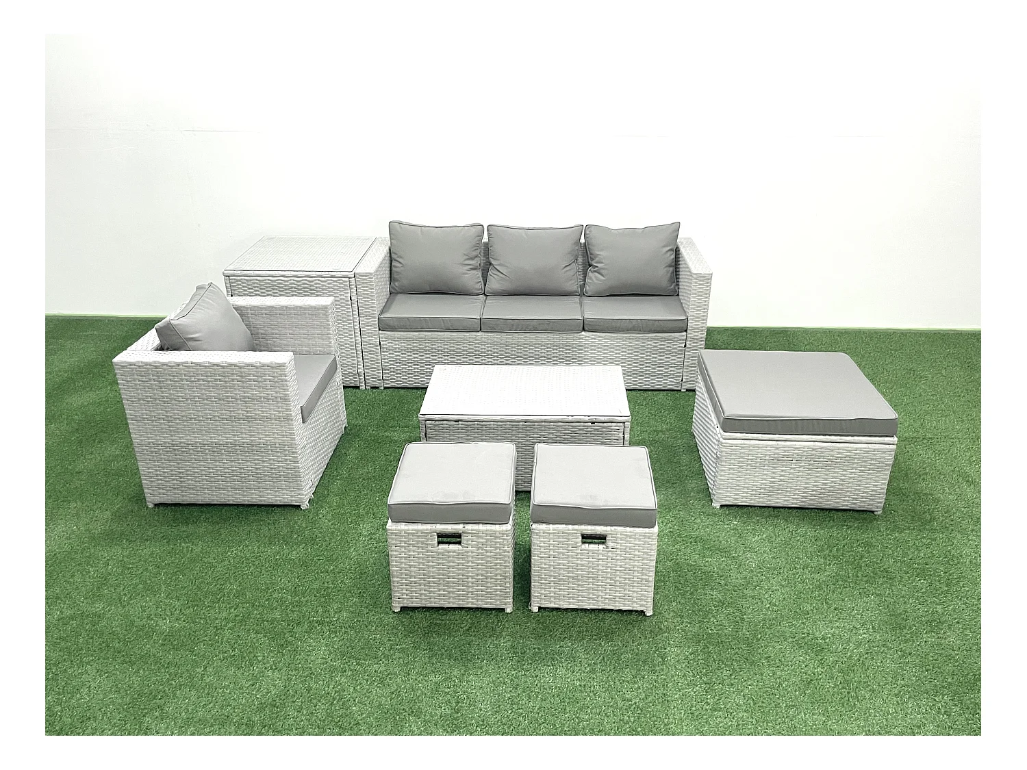 7 Stücke Rattan Gartenmöbel Set Garten Sofa Stuhl Couchtisch Set mit Beistelltisch 3 Hockern Hellgrau gemischt