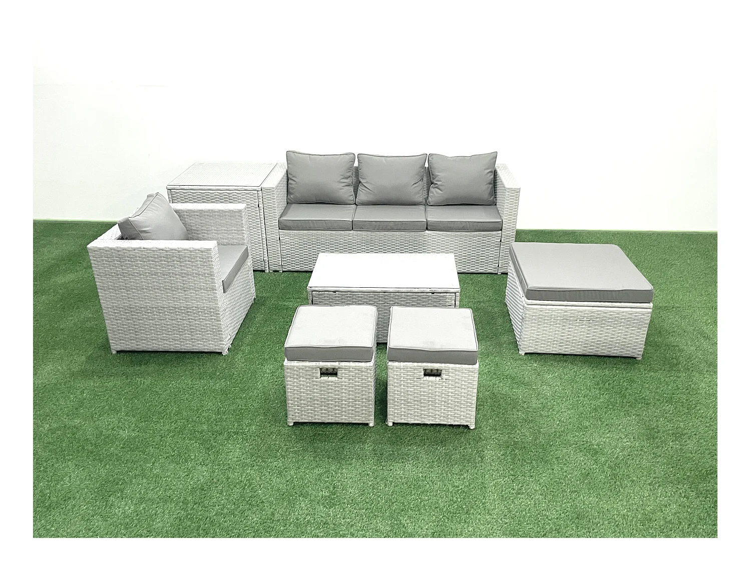 7 Stücke Rattan Gartenmöbel Set Garten Sofa Stuhl Couchtisch Set mit Beistelltisch 3 Hockern Hellgrau gemischt