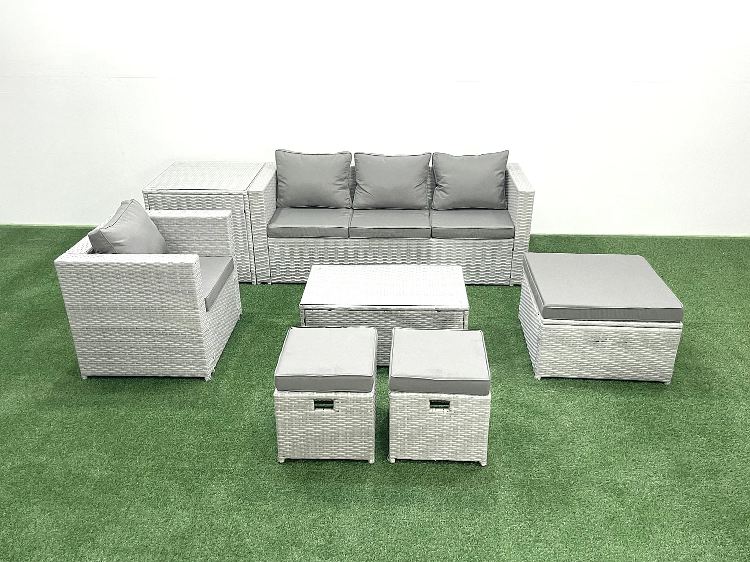 7 Stücke Rattan Gartenmöbel Set Garten Sofa Stuhl Couchtisch Set mit Beistelltisch 3 Hockern Hellgrau gemischt