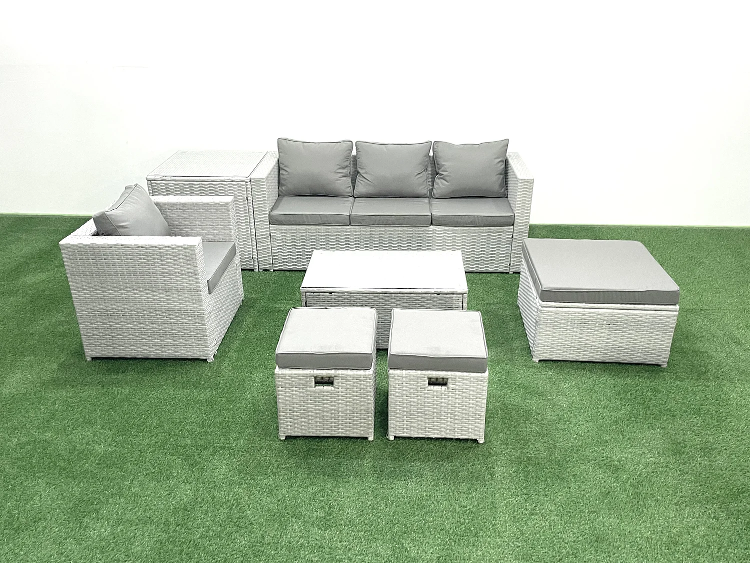 7 Stücke Rattan Gartenmöbel Set Garten Sofa Stuhl Couchtisch Set mit Beistelltisch 3 Hockern Hellgrau gemischt