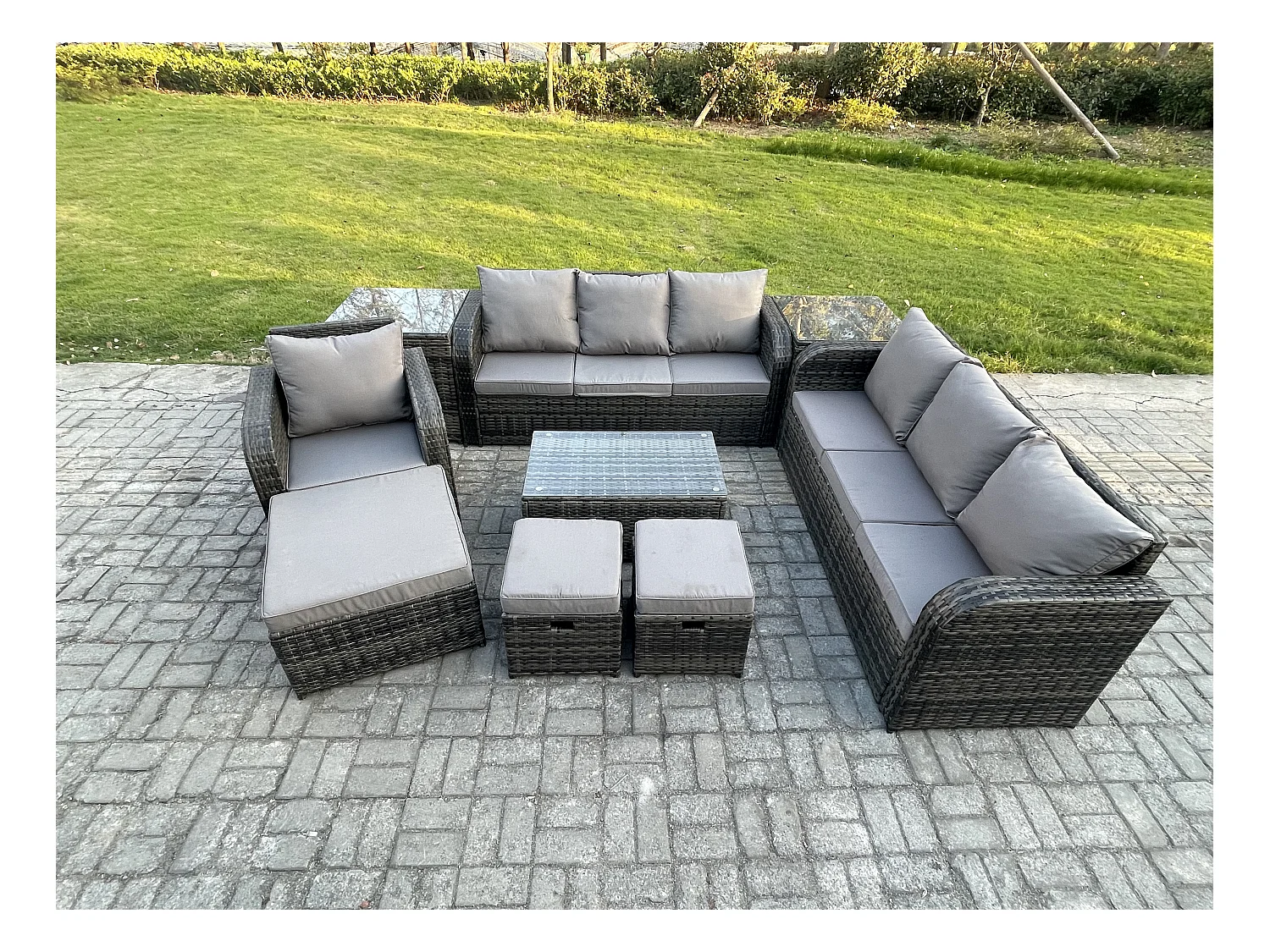10-Sitzer Rattan Lounge Sofa Set Gartenmöbel-Set mit Rechteckiger Couchtisch 3-Sitzer Sofa 3 Hockern 2 Beistelltischen Dunkelgrau Gemischt