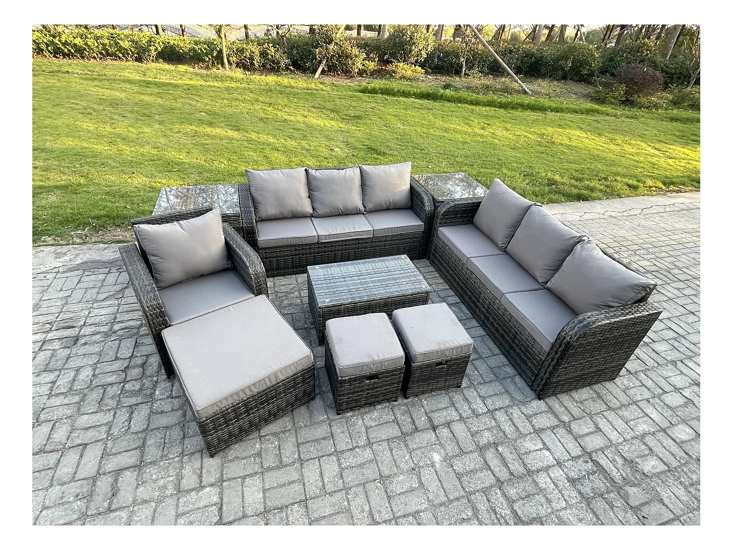 10-Sitzer Rattan Lounge Sofa Set Gartenmöbel-Set mit Rechteckiger Couchtisch 3-Sitzer Sofa 3 Hockern 2 Beistelltischen Dunkelgrau Gemischt