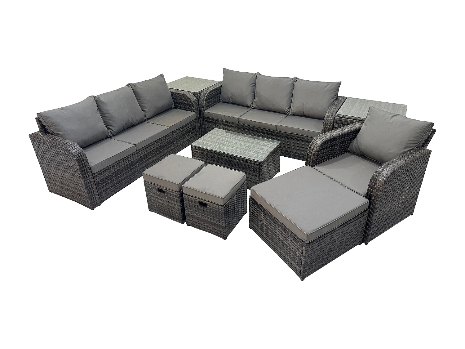 10-Sitzer Rattan Lounge Sofa Set Gartenmöbel-Set mit Rechteckiger Couchtisch 3-Sitzer Sofa 3 Hockern 2 Beistelltischen Dunkelgrau Gemischt