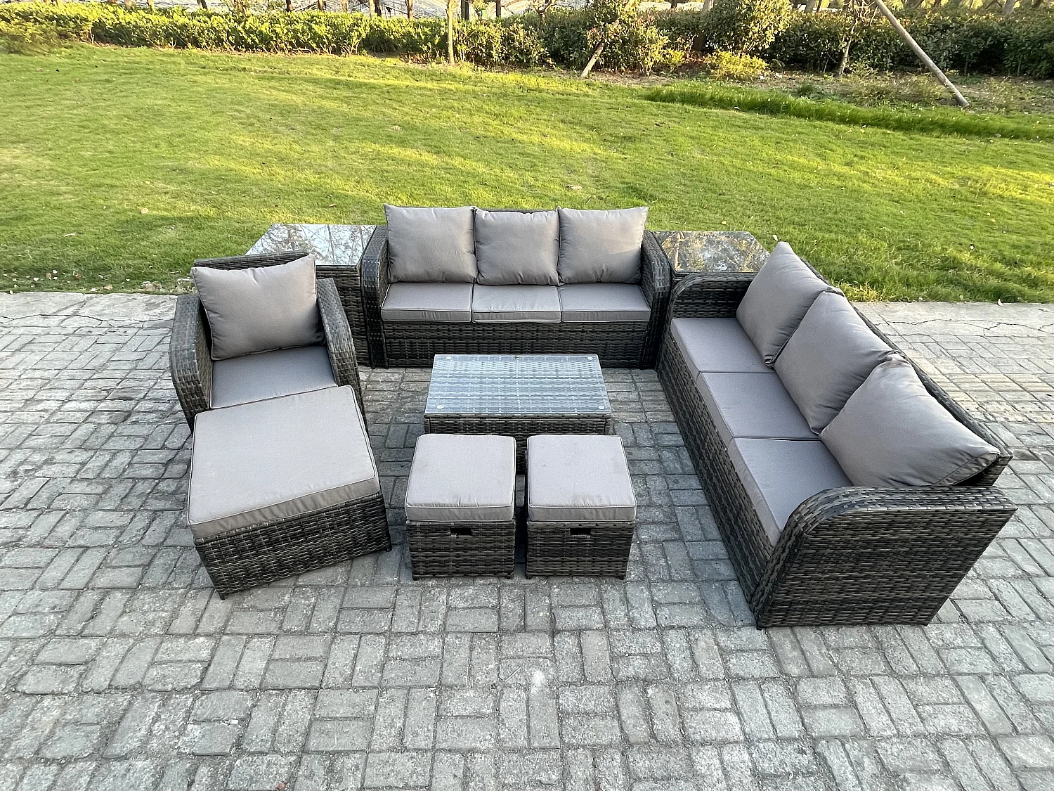 10-Sitzer Rattan Lounge Sofa Set Gartenmöbel-Set mit Rechteckiger Couchtisch 3-Sitzer Sofa 3 Hockern 2 Beistelltischen Dunkelgrau Gemischt