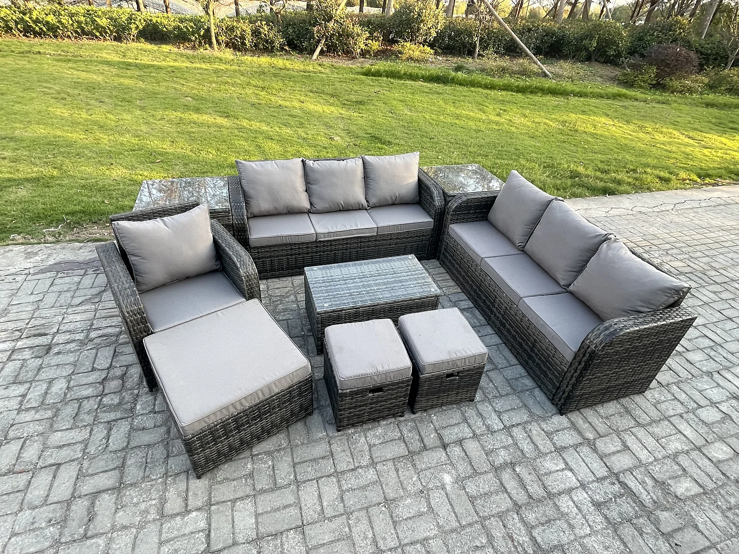 10-Sitzer Rattan Lounge Sofa Set Gartenmöbel-Set mit Rechteckiger Couchtisch 3-Sitzer Sofa 3 Hockern 2 Beistelltischen Dunkelgrau Gemischt
