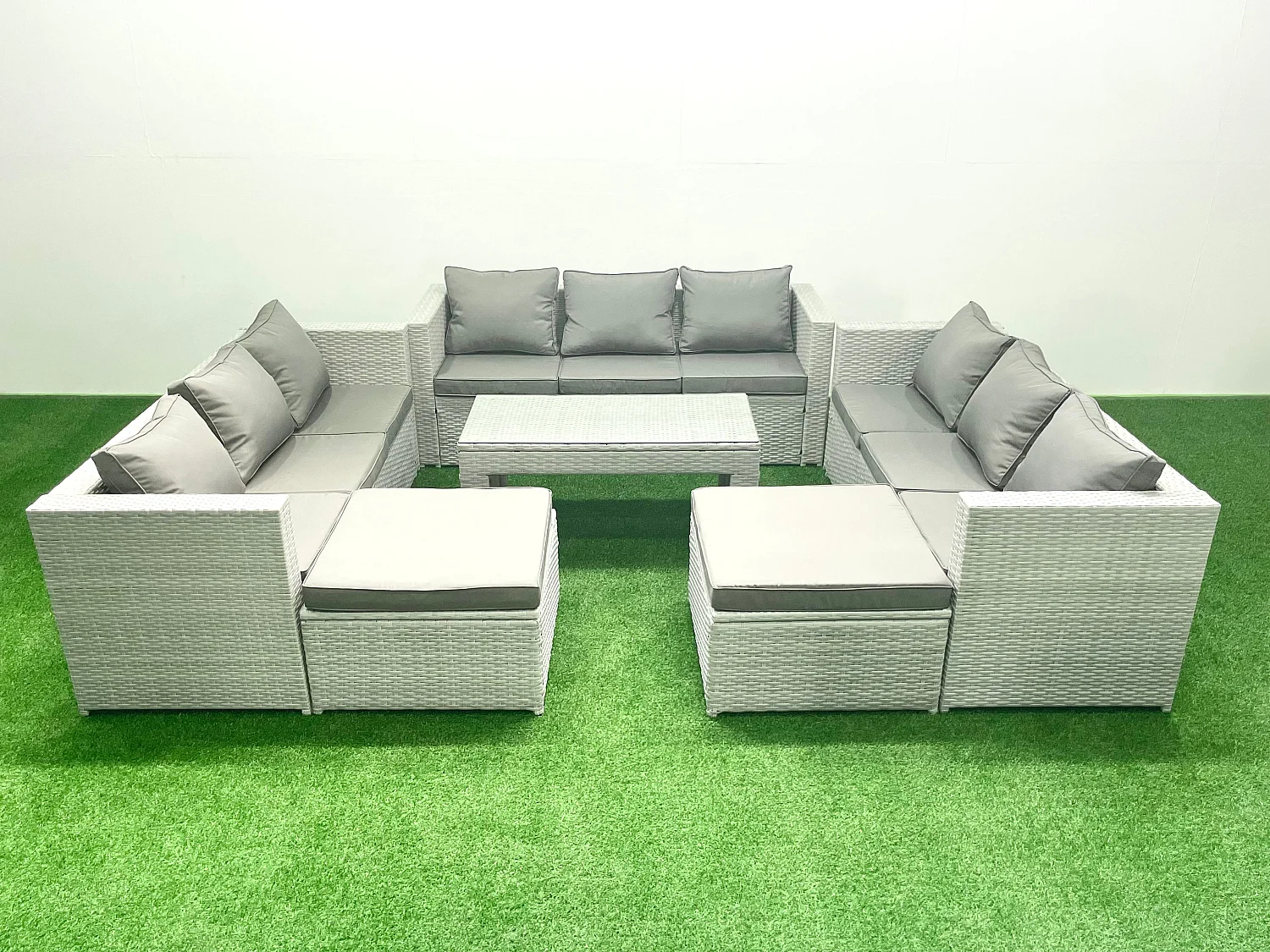 Ensemble de meubles d'extérieur en rotin 11 places avec Table basse oblongue 2 Grand tabourets Gris clair mixte