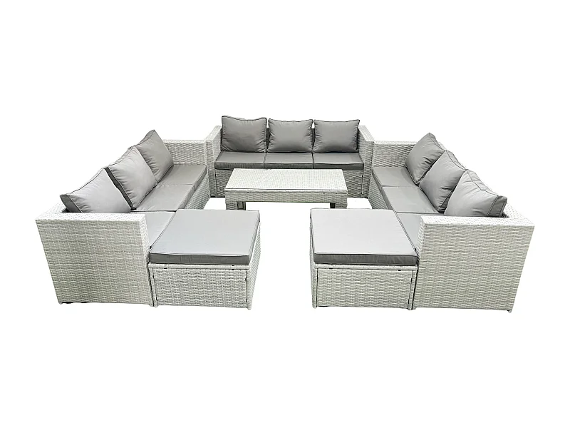 Ensemble de meubles d'extérieur en rotin 11 places avec Table basse oblongue 2 Grand tabourets Gris clair mixte