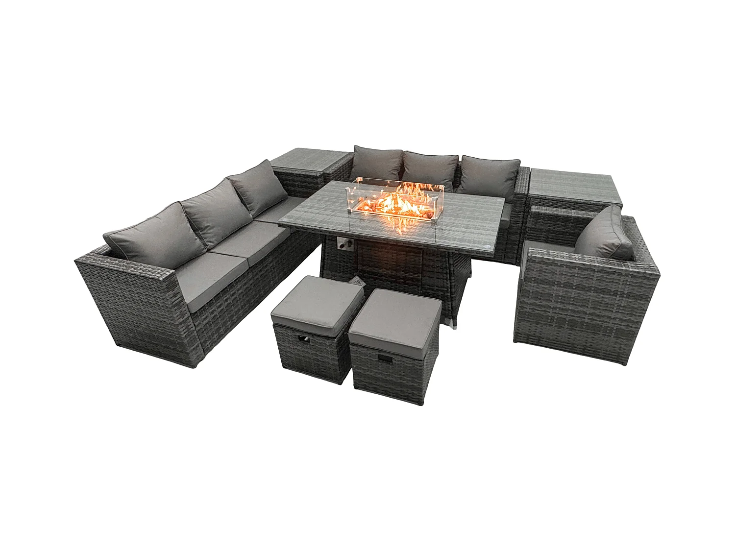 Ensemble de meubles de jardin en rotin ave Table de foyer à gaz 6 places Ensemble de canapés avec 2 Tables d'appoint 2 Petits tabourets