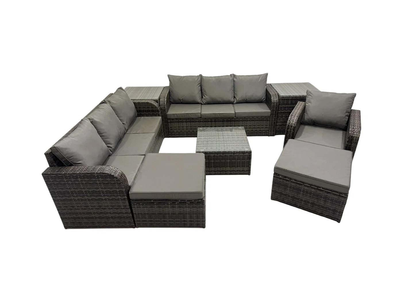 9 places Salon de jardin exterieur avec Canapés Table basse carrée Chaise inclinable 2 Grand tabourets 2 Tables d'appoint Gris foncé mixte