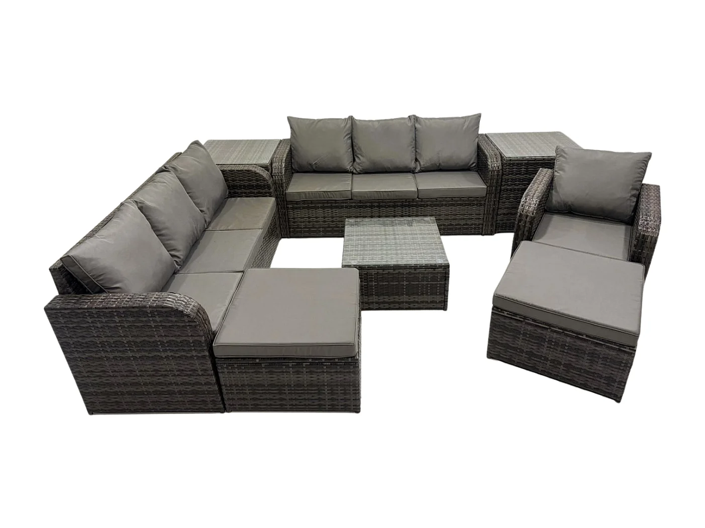 9 places Salon de jardin exterieur avec Canapés Table basse carrée Chaise inclinable 2 Grand tabourets 2 Tables d'appoint Gris foncé mixte