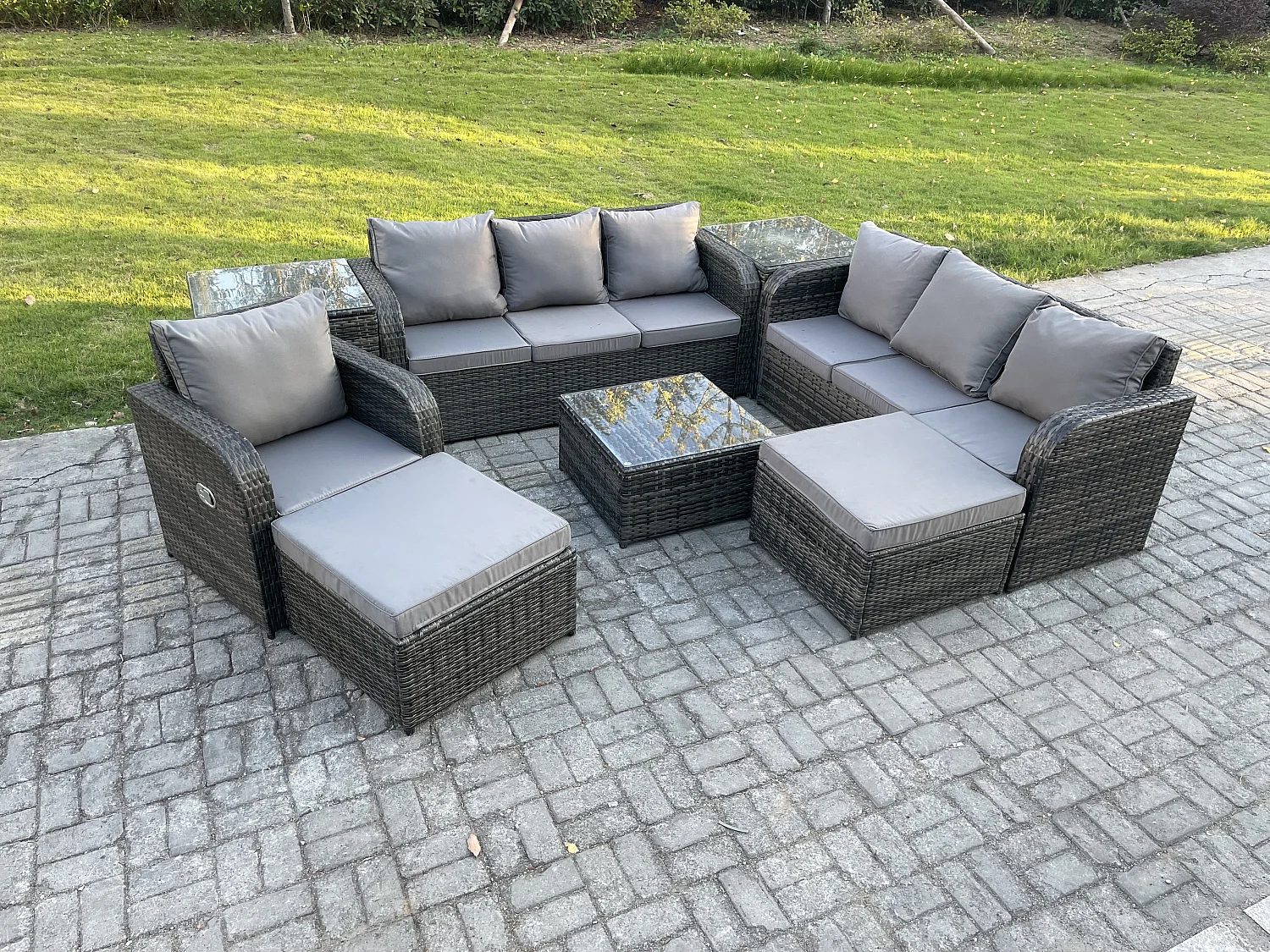 9 places Salon de jardin exterieur avec Canapés Table basse carrée Chaise inclinable 2 Grand tabourets 2 Tables d'appoint Gris foncé mixte