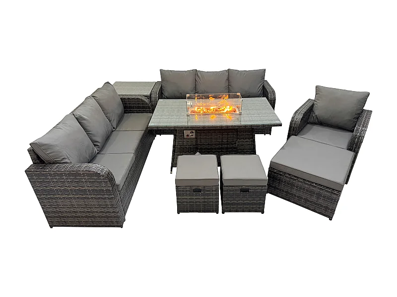 10-Sitzer Polyrattan Gartenmöbel Set Gas Feuerstelle Esstisch Liegestühle 3-Sitzer Sofa Set mit Beistelltisch 3 Hockern