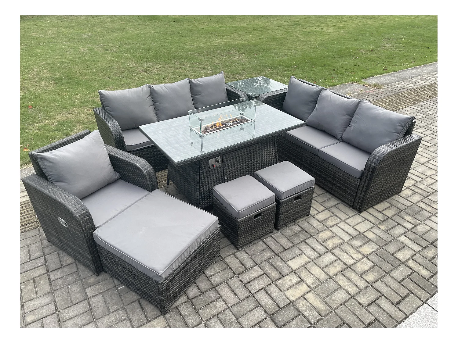 10 places Salon de jardin Table de foyer à gaz Chaise inclinable Canapé 3 places Intérieur Extérieur avec Table d'appoint 3 Tabourets