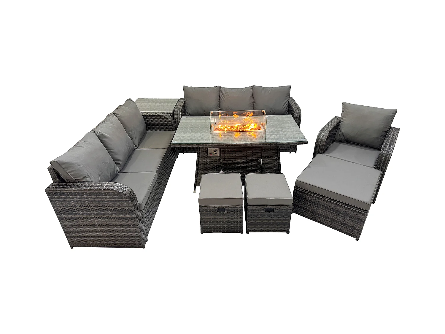 10-Sitzer Polyrattan Gartenmöbel Set Gas Feuerstelle Esstisch Liegestühle 3-Sitzer Sofa Set mit Beistelltisch 3 Hockern