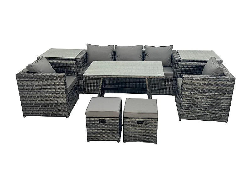 Salon de Jardin en Résine Tressée avec Table à manger 2 Fauteuil 2 Tables d'appoint 2 Petits tabourets Gris foncé mixte