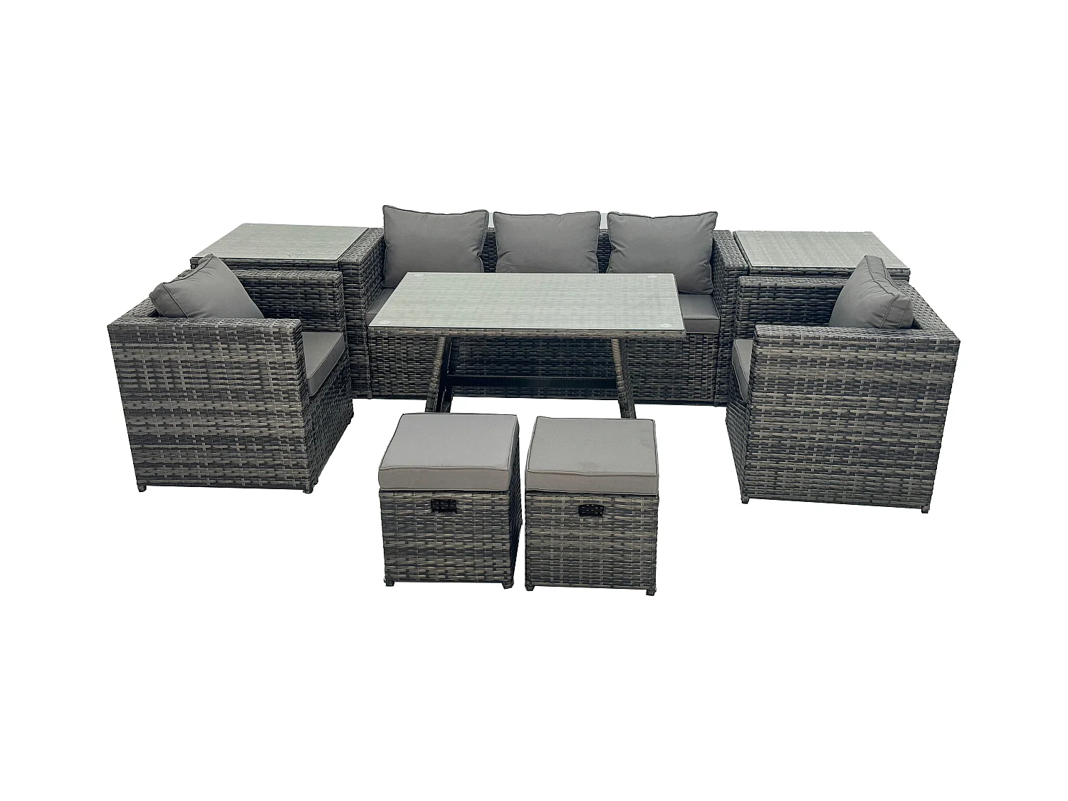 Salon de Jardin en Résine Tressée avec Table à manger 2 Fauteuil 2 Tables d'appoint 2 Petits tabourets Gris foncé mixte