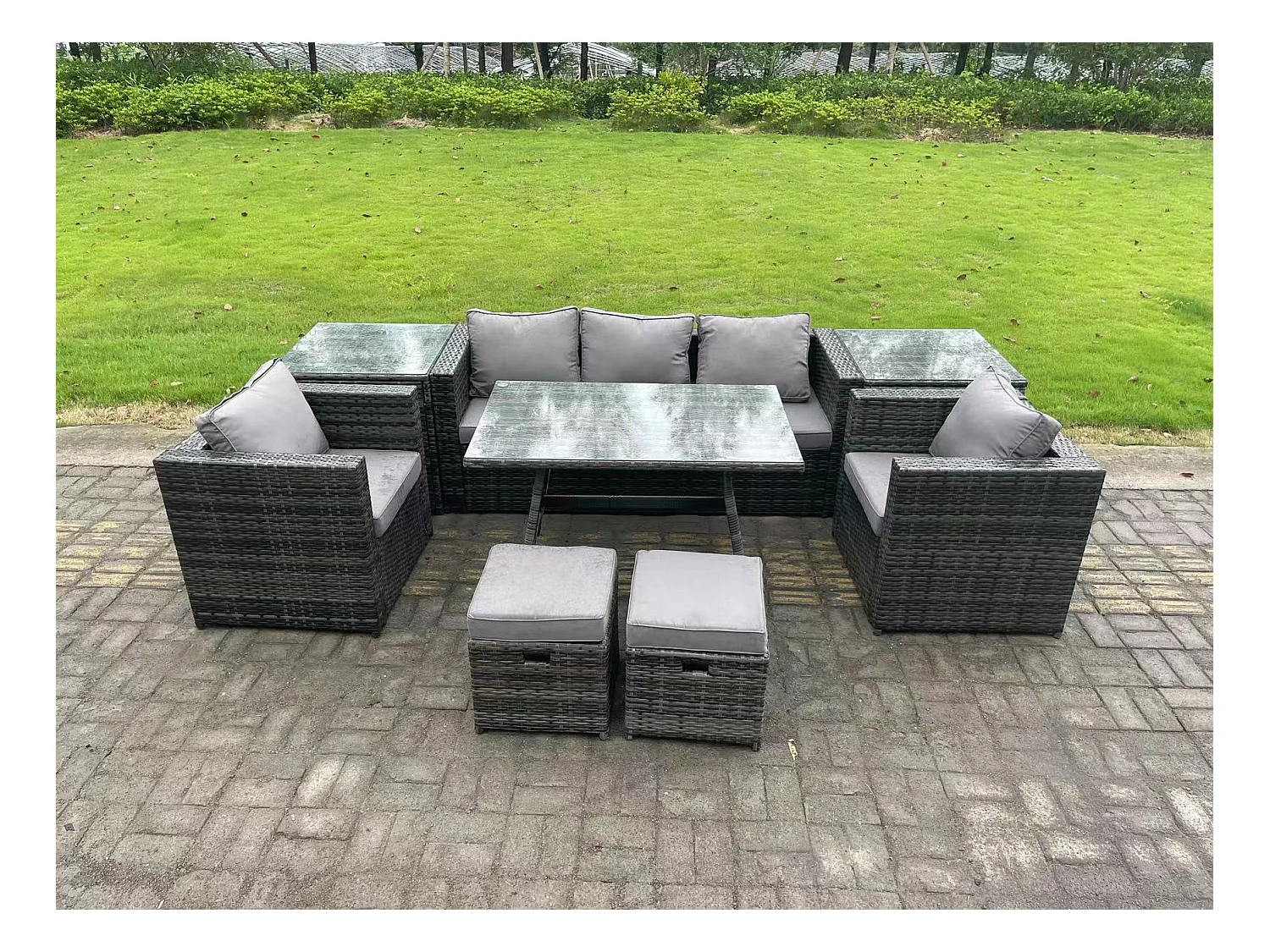 Salon de Jardin en Résine Tressée avec Table à manger 2 Fauteuil 2 Tables d'appoint 2 Petits tabourets Gris foncé mixte