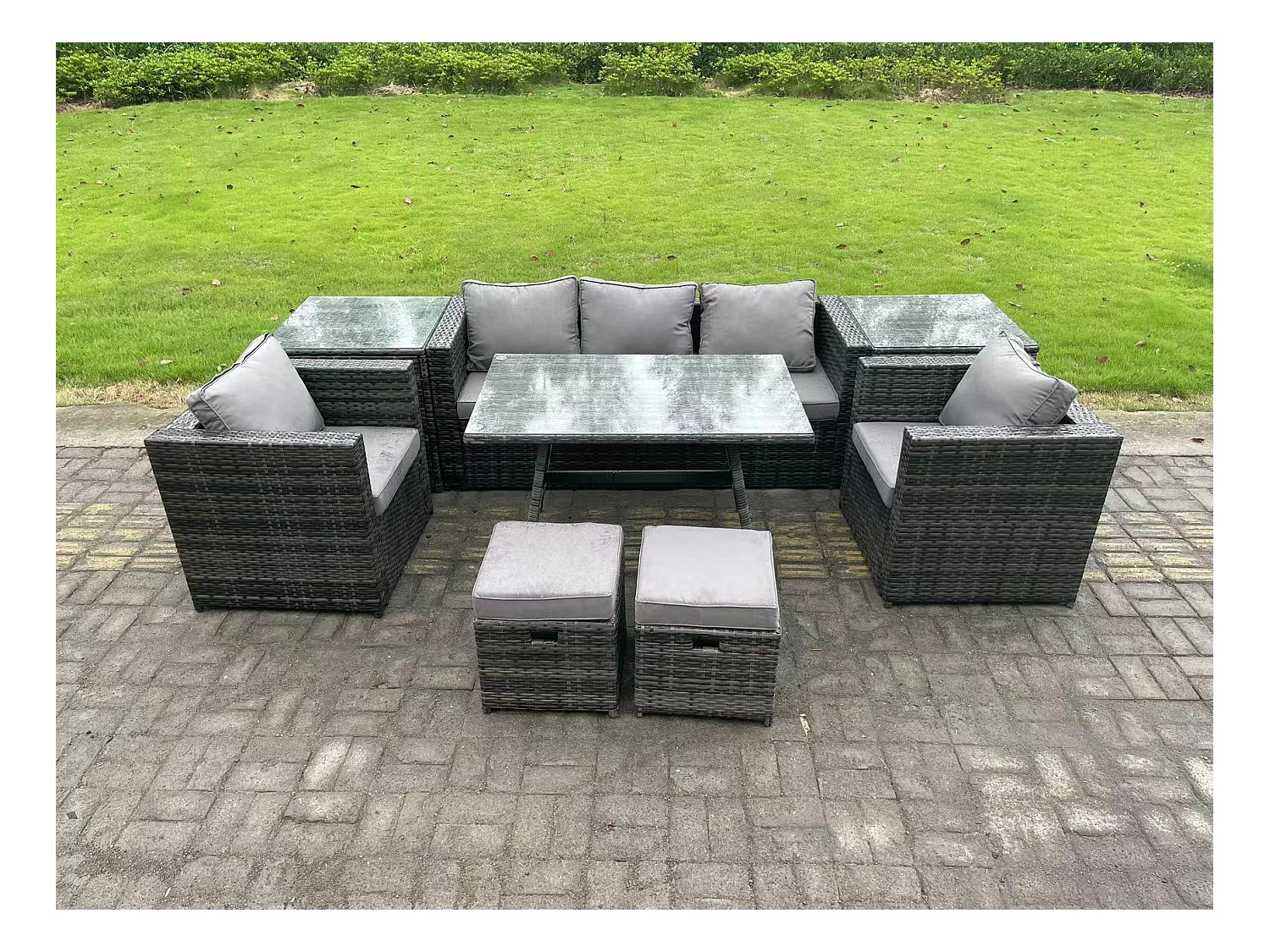 Salon de Jardin en Résine Tressée avec Table à manger 2 Fauteuil 2 Tables d'appoint 2 Petits tabourets Gris foncé mixte