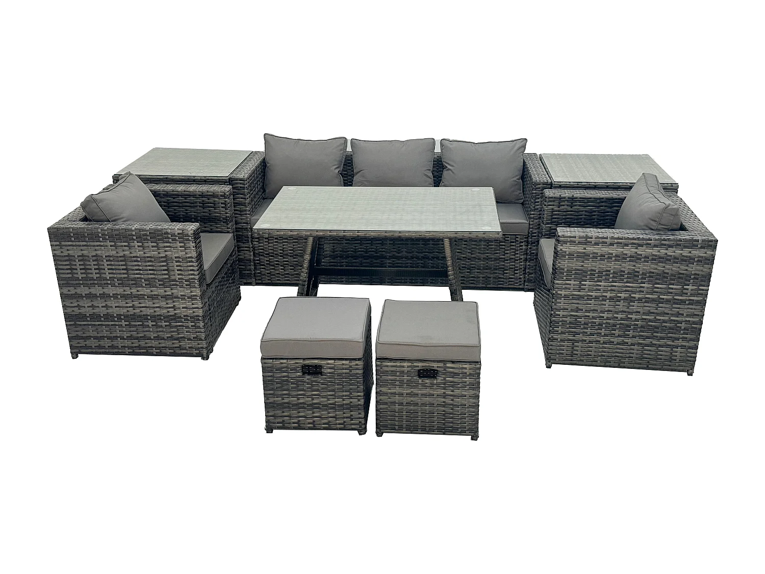 Salon de Jardin en Résine Tressée avec Table à manger 2 Fauteuil 2 Tables d'appoint 2 Petits tabourets Gris foncé mixte