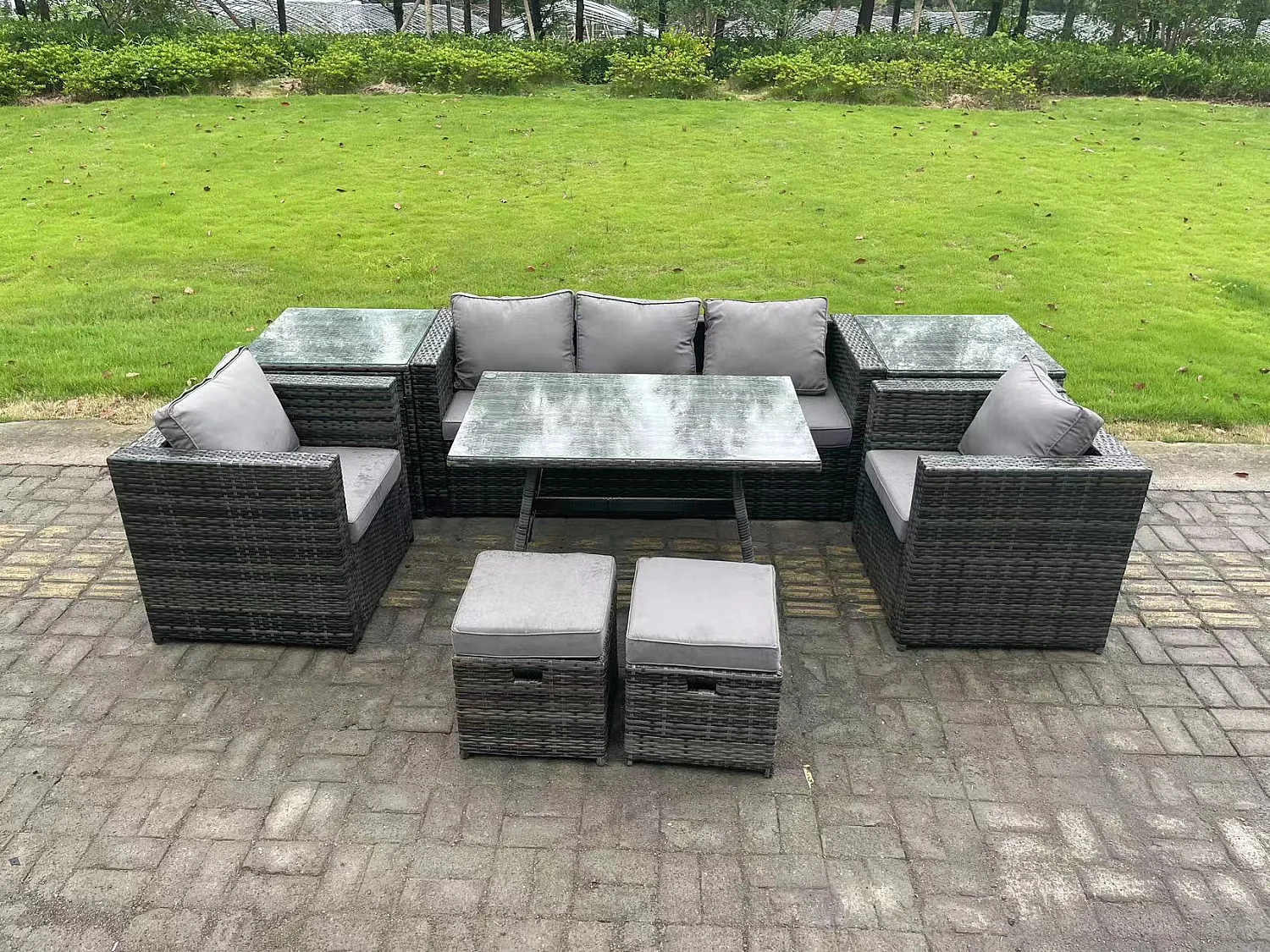 Salon de Jardin en Résine Tressée avec Table à manger 2 Fauteuil 2 Tables d'appoint 2 Petits tabourets Gris foncé mixte